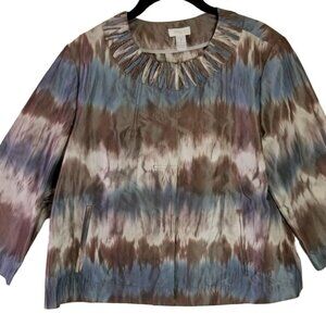 Chicos Brown & Blue Snap Front 3/4 Sleeve Light Jacket Size 1 Large Snaps